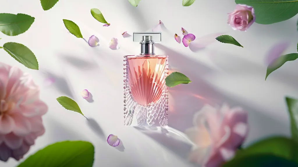 Minimalist, centered composition, high-resolution product photography, sleek and elegant perfume bottle with intricate design floating in mid-air, delicate flower petals and lush green leaves gently swirling around the bottle, pure white studio background providing a clean and uncluttered setting, soft and even lighting casting gentle shadows and highlights, emphasizing the bottle's form and details, creating a sense of sophistication and luxury, evoking a mood of serenity and refinement. pink, purple and green colour palette