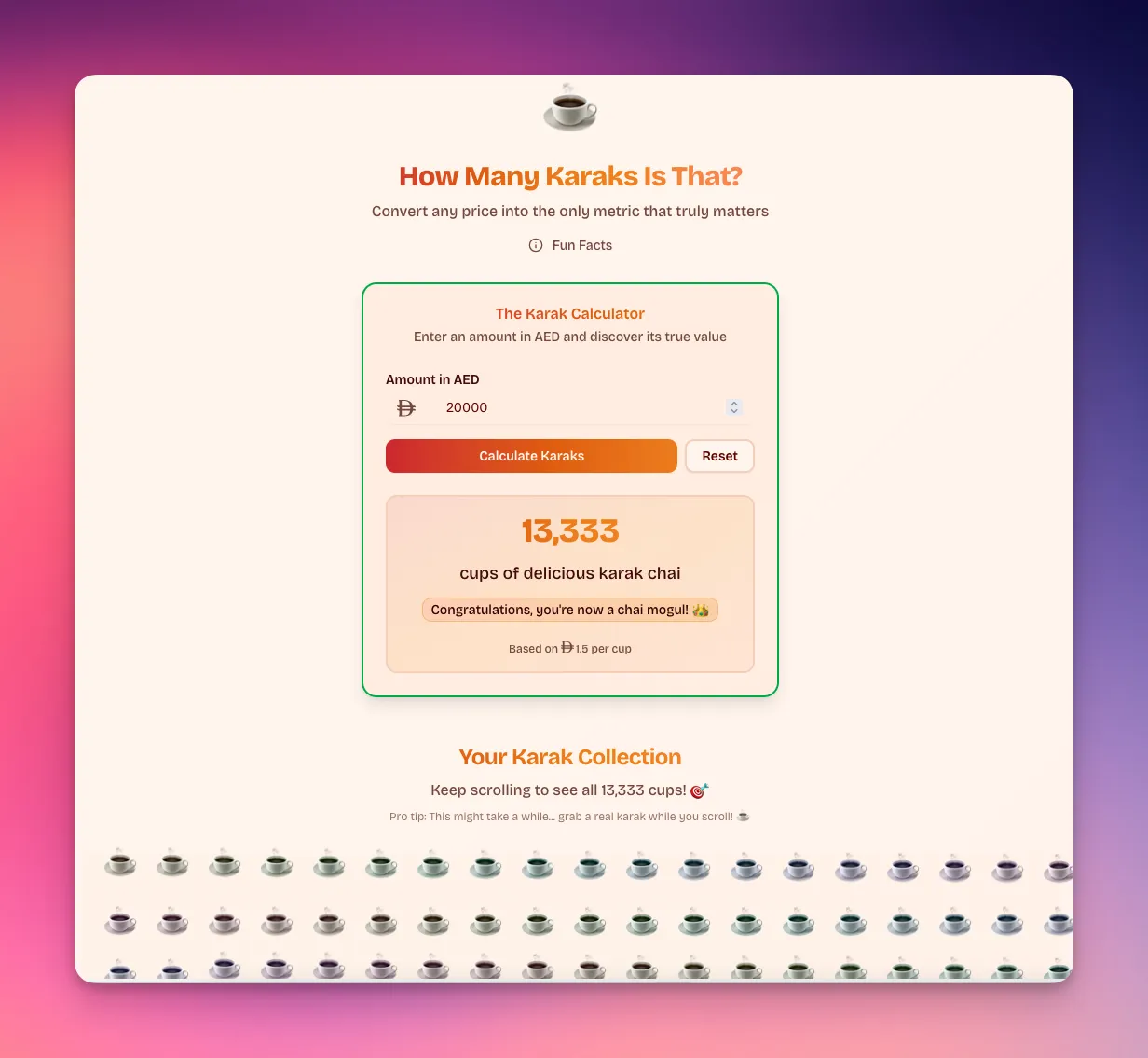 Screenshot of the Karak Calculator interface